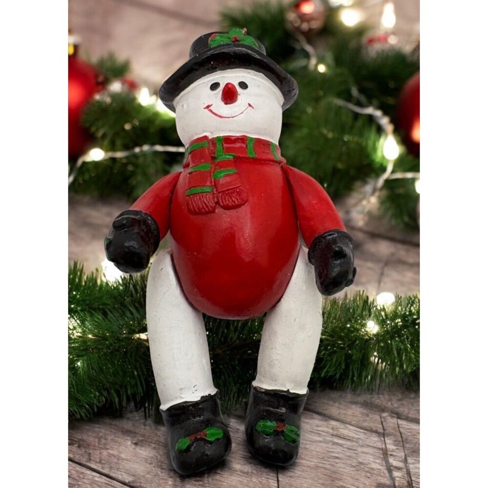 Vintage Jointed Snowman Christmas Tree Ornament Red Outfit Holly Detail